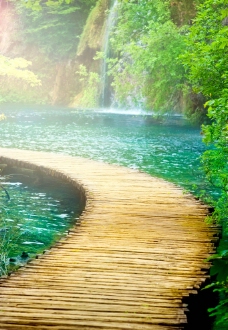 树木美丽风景线木桥湖水影楼背景图片
